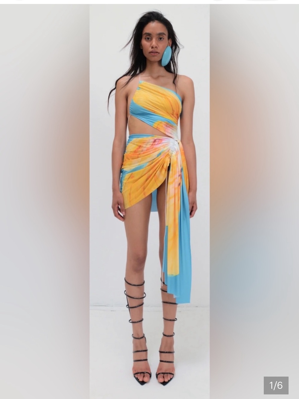 One-Shoulder Yellow & Blue Ombre Draped Dress